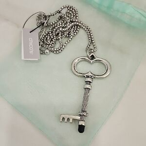 Chico's Key Pendant On A Chain Necklace Silver wBlack & Crystal Accent Easy Gift